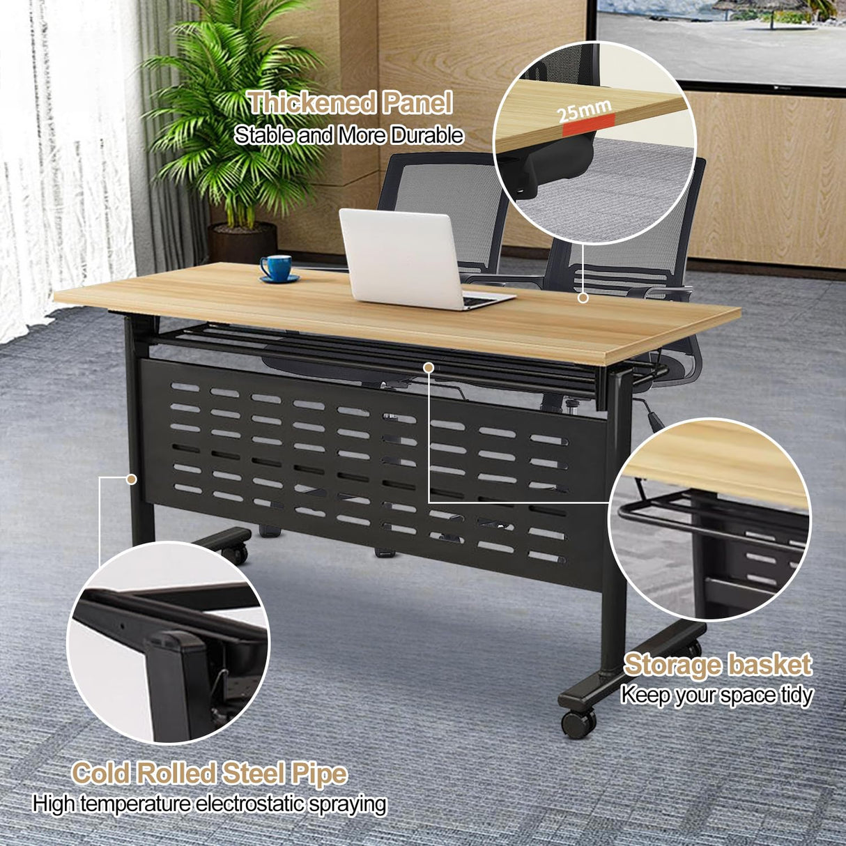 Conference Room Table, 14FT Large Folding Conference Table for 10-18 People, Training Tables with Caster Wheels, Business Style Wooden Meeting Seminar Table with Strong Metal Frame, Flip Top Junpllvic