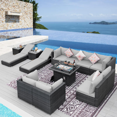 NICESOUL 13 Piece Outdoor Seating with Fire Pit Table, High-End Wicker Patio Furniture Set with Chaise Lounge, Comfy 29.3'' High Back Deep Sectional Sofa, All-Weather Backyard Sitting Area, Light Grey