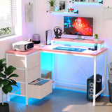 Patikuin L Shaped Desk with Power Outlets & LED Lights, Computer Desk with Drawers & Shelves, Corner Desk Gaming Desk Home Office Desk,Pink Patikuin