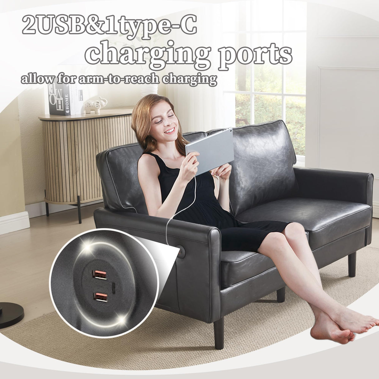 56.3" Loveseat Sofa, Mid Century Modern Love Seat with USB & Type C, 2 Seater Couch Comfy Cushion Lounge Sofa with Side Pockets, Small Couches for Living Room, Bedroom, Office(Black, PU Leather) SLEERWAY