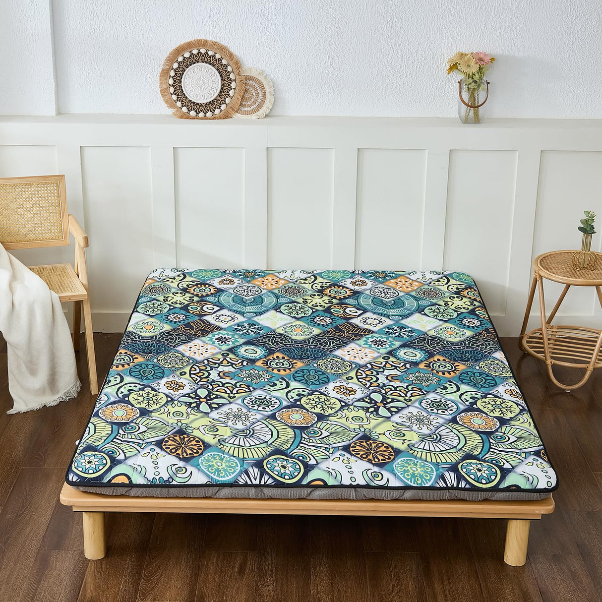 Zelladorra Japanese Floor Mattress Futon Mattress Twin, Anti Slip Floor Futon Mattress Sleeping Mat Foldable Floor Mattress for Camping and Guest, Boho Green Checkered Zelladorra