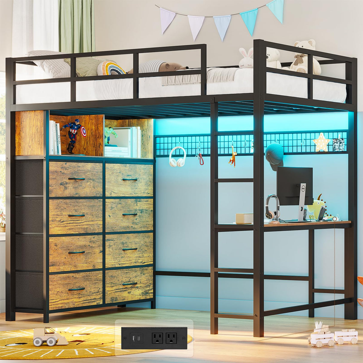 ADORNEVE Twin Size Loft Bed with Desk and 8 Storage Drawers, Metal Kids Loft Bed Twin with LED Lights & Charging Sation, Storage Shelves, 13.1" H Safety Guard & Ladder, Rustic Brown ADORNEVE