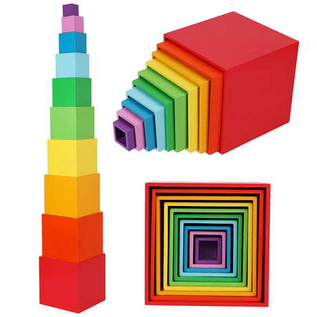 TOWO Wooden Stacking Boxes Rainbow Colours-Nesting and Sorting Cups Blocks for Toddlers-Stacking Cubes Educational Learning Toys for 2 Years Old Montessori Materials Toys of Wood Oxford