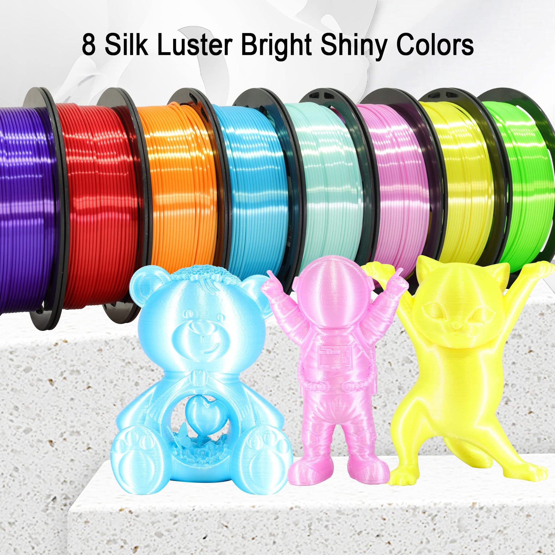 1.75mm Silk Shiny PLA 3D Printer Filament 8 Bright Colors Bundle: Silk Yellow/Lime Green/Orange/Sky Blue/Pink/Cyan/Red/Purple, Each Spool 250g, Total 2Kg 3D Printing Material, 250g x 8 Spools - WoodArtSupply