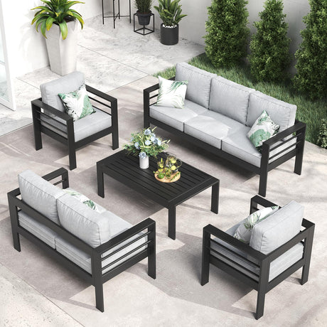LayinSun Outdoor Aluminum Furniture Set, 5 Pieces Patio Sectional Conversation Chat Sofa Modern Seating Set with Coffee Table LayinSun