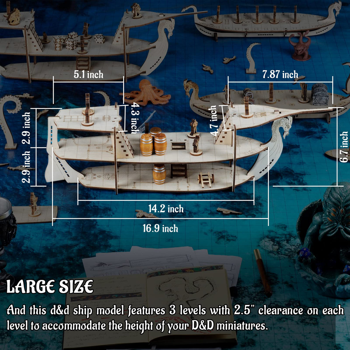 3D RPG Miniatures Ship Wood Laser Cut, 3-Level with 1" Grid Battle Terrain Map Perfect for D&D, Pathfinderor Other Tabletop Games CZYY
