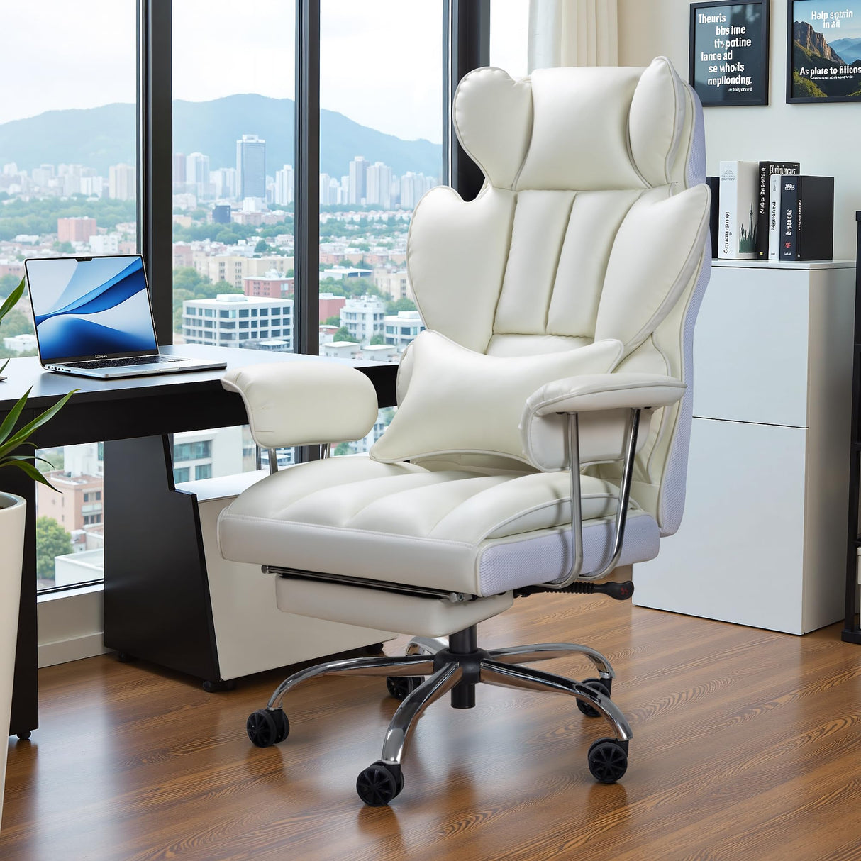 Furmax Gaming Chair, Ergonomic Office Chair, Reclining Height Adjustable Leather High Back Executive Desk Chair with Footrest and Lumbar Support (White) Furmax