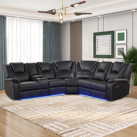 Favfurish 102.36" Home Theater Seating Seats, Movie Theater Chairs with Center Console with LED Light Strip,Living Room Furniture Set,PU Symmetrical Couch with 2 Cup Holders and Storage,Black Favfurish