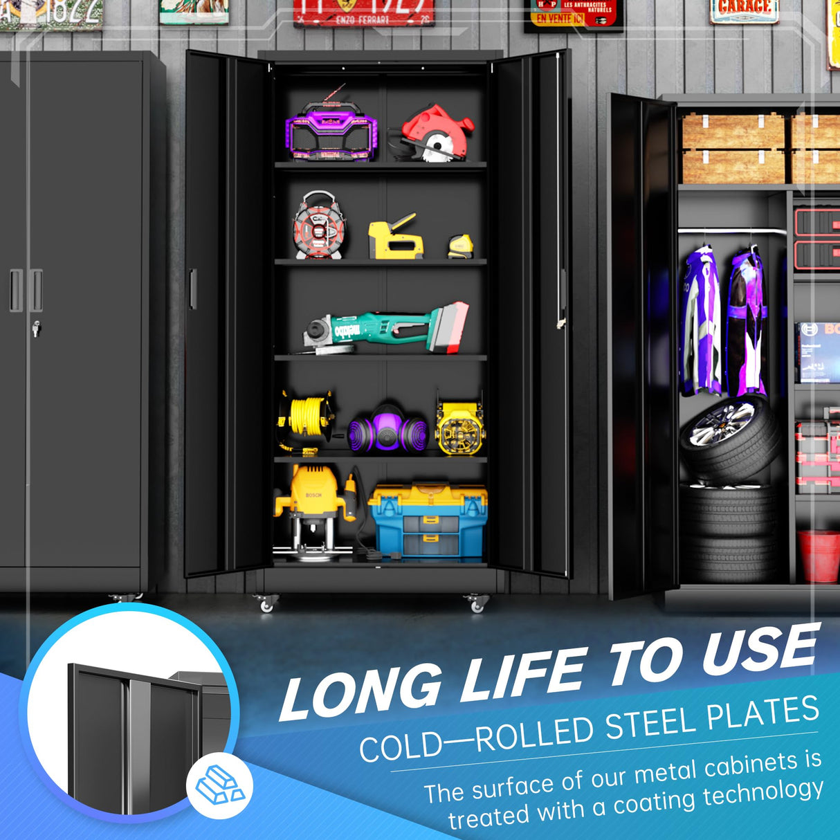 Superday 73" Metal Storage Cabinet with Wheels, Lockable Steel Utility Cabinet with 2 Doors and 4 Adjustable Shelves, Rolling Storage Cabinets for Garage, Home Office, Kitchen Pantry, Black Superday