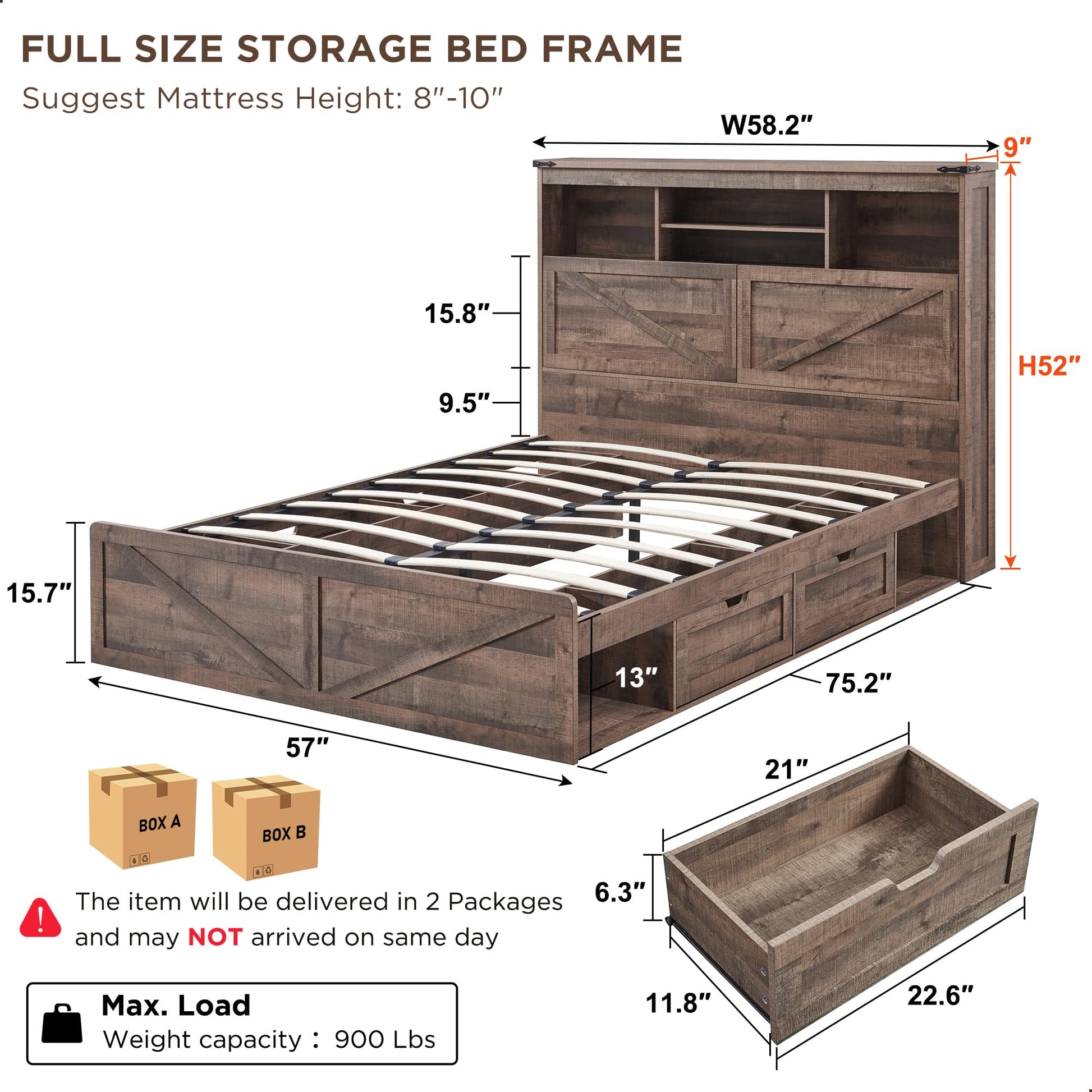 ACCOHOHO Luxury Farmhouse Wood Bed Frame with 52" Bookcase Headboard, LED Lighting & Charging Station - Light Brown - WoodArtSupply