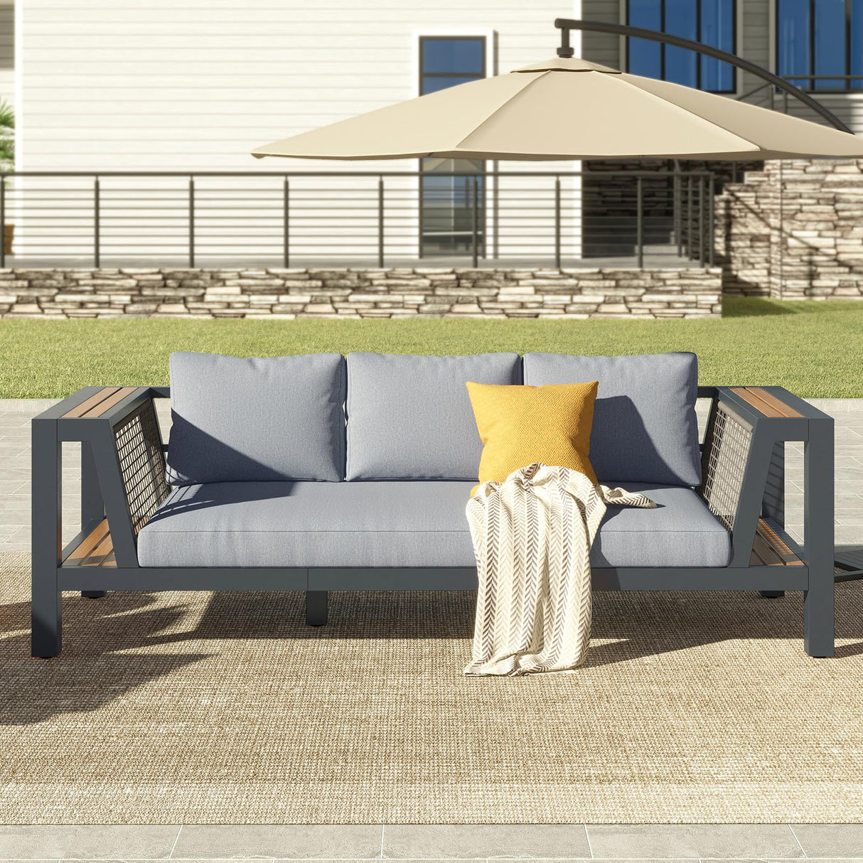 LUXOAK Outdoor Aluminum Patio Sofa, Modern 3-Seater Tool-Free Assembly Couch with Side Table Armrest, Deep Seating with Thick Cushions, Weatherproof Backyard Furniture for Porch, Balcony, Deck LUXOAK