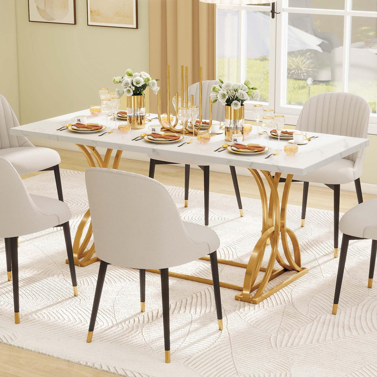 DWVO 70.3" Large Modern Dining Table for 6-8 People Rectangular White Kitchen Dining Room Table with Faux Marble Tabletop and Gold Geometric Metal Legs Farmhouse Wood Dinner Tables, White and Gold DWVO