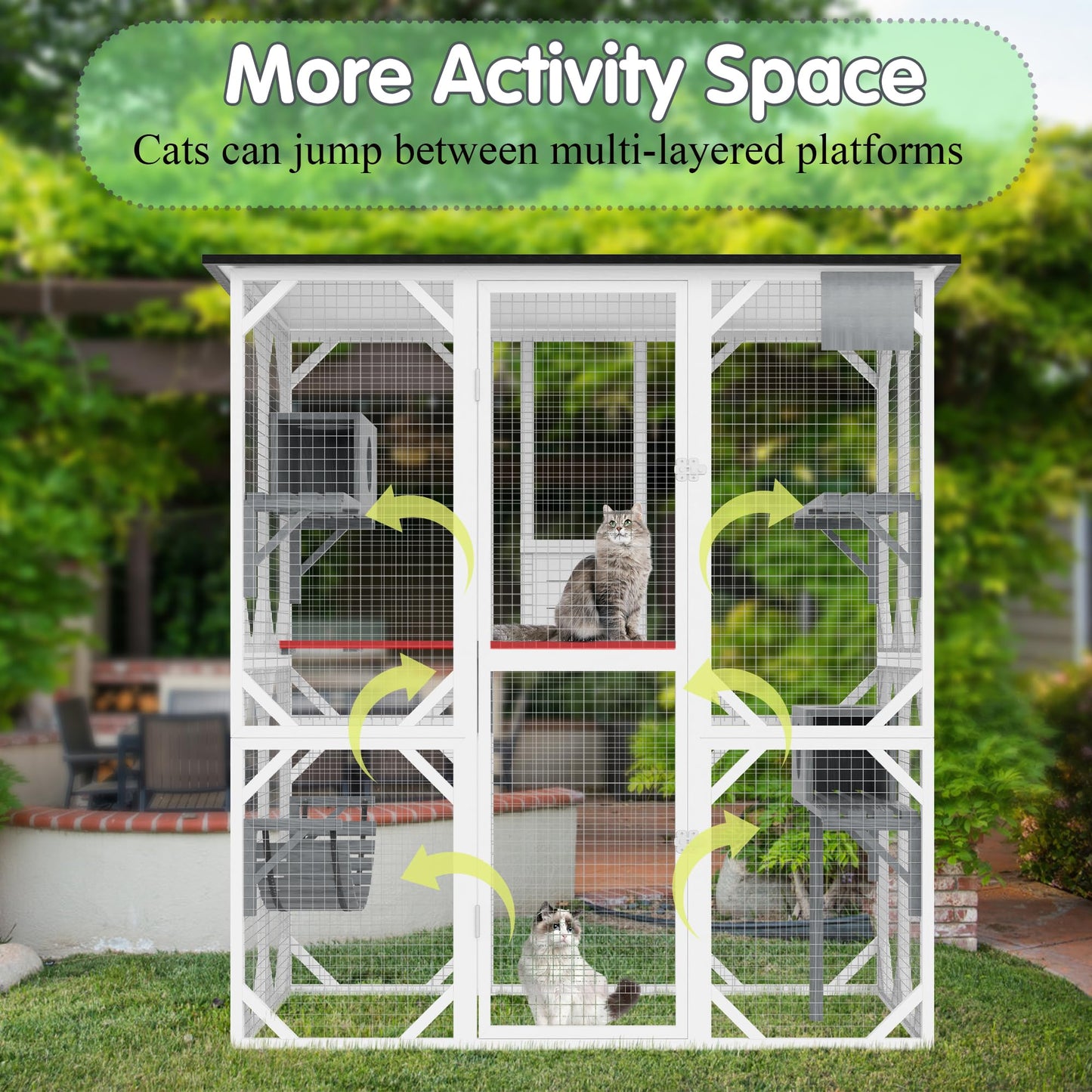 Large Wooden Catio, Outdoor Cat Enclosures for Multi Cats, 3-Tier Cat House with Swing, Resting Box, Cat Ball, Walk-in Cat Condo with Waterproof Roof, 64.9" L x 33.9" W x 69.6" H