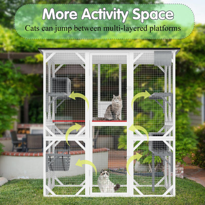 Large Wooden Catio, Outdoor Cat Enclosures for Multi Cats, 3-Tier Cat House with Swing, Resting Box, Cat Ball, Walk-in Cat Condo with Waterproof Roof, 64.9" L x 33.9" W x 69.6" H