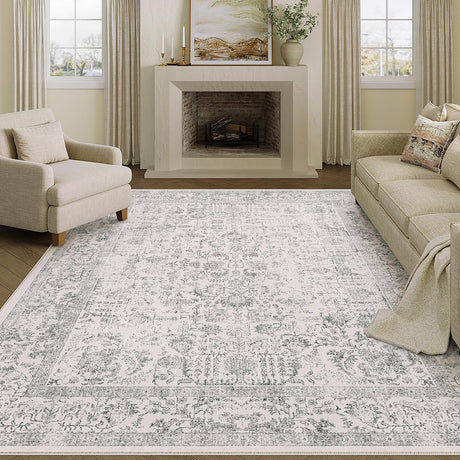 PureCozy Gray Area Rug 6x9 Machine Washable Vintage Living Room Distressed Non Slip Carpet Traditional Indoor Bedroom Grey Retro Floral Accent Throw Large Rug for Office Kitchen Dining Room PureCozy