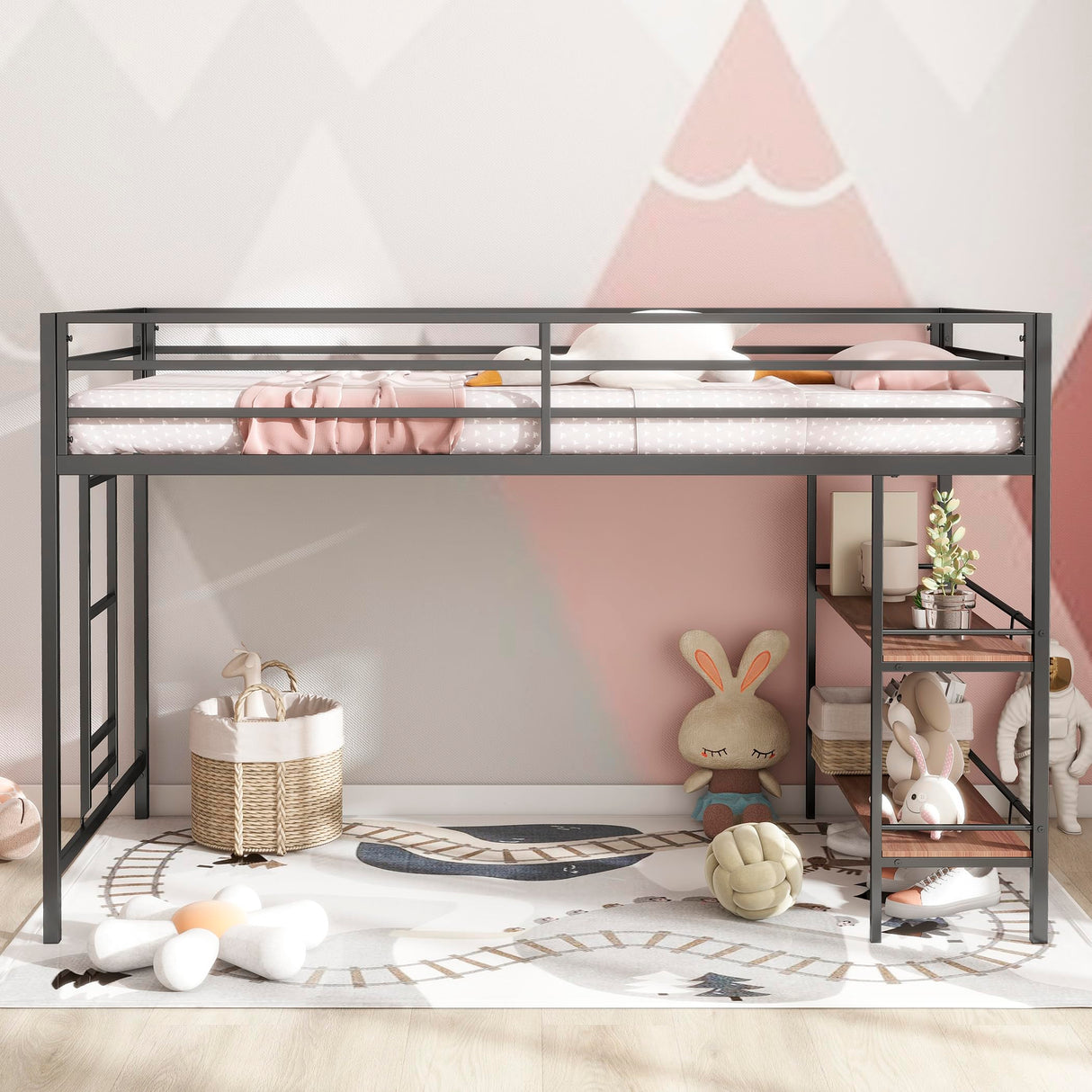 Twin Size Low Loft Bed with Storage Shelves for Kids,Kids Loft Bed Twin Size,Metal Loft Bed Frame for Boys Girls,Junior Low Loft Bed,Black Bellemave