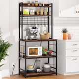 Shintenchi Bakers Rack with Power Outlet, Large Storage Space, 10 Hooks Coffee Bar with Metal Wire Panel, High Microwave Stand, Classic Kitchen Storage Shelf Design, Vintage Brown Shintenchi