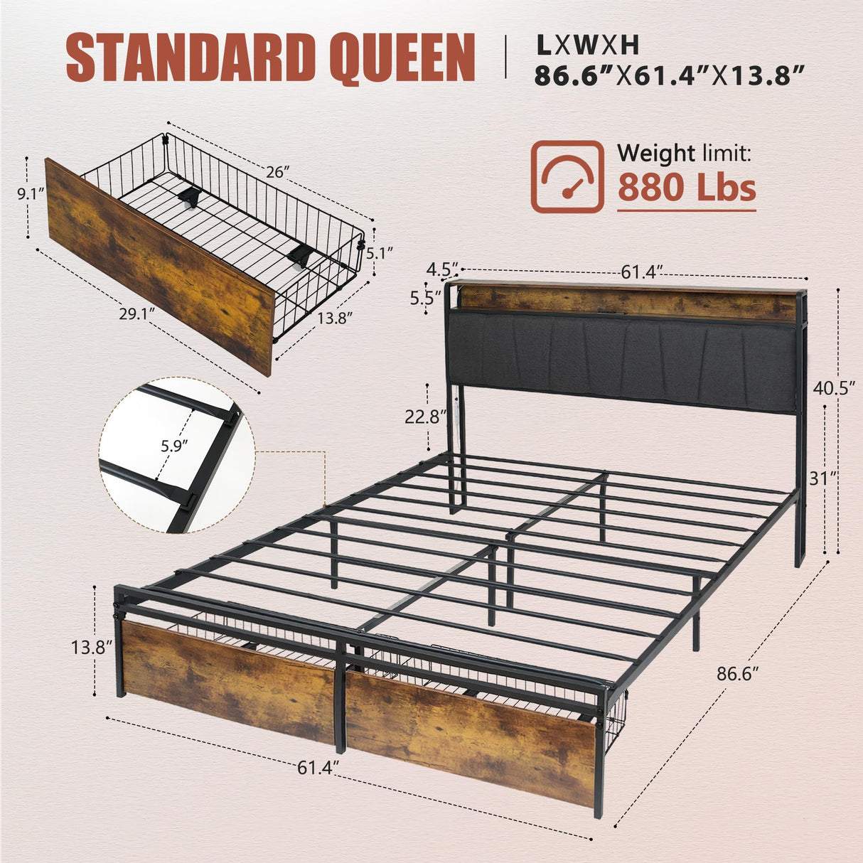 SogesSleep Queen Bed Frame with Headboard, Upholstered Bed Frame Queen Size with Storage and Charging Station & LED Lights, No Box Spring Needed Bed Frame, Noise Free & Easy Assembly SogesSleep