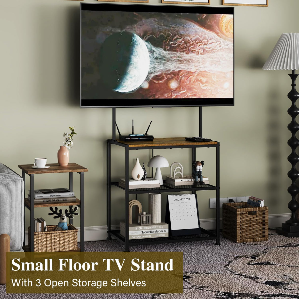 23 Inch to 50 Inch Floor Small Corner TV Stand with Storage Shelves for Living Room Bedroom, Universal Floor Television Stands with Mount, Brown TV Table Desk Shelf for Small Spaces,Patent Pending Cottage Charm