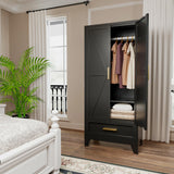 71 Farmhouse Metal Wardrobe Closet with Hanging Rod, 2 Barn Doors, Adjustable Shelves, Steel Armoire with Drawer for Home, Bedroom Black COFaR