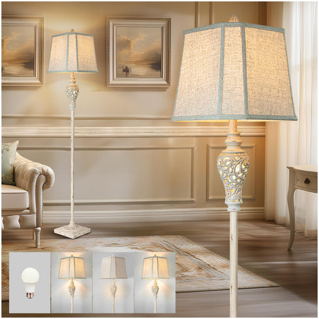 Rustic Floor Lamp 65'' Tall with Nightlight Cut Corner Linen Fabric Shade Vintage Standing Lamp for Living Room, Bedroom, Office, House (Bulb Included) LuxSight Collection