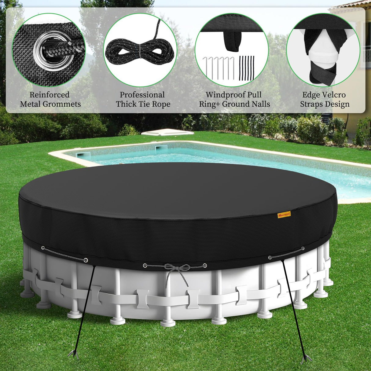 HIGHTQURO 18Ft Round Pool Cover,Heavy Duty Waterproof Round Pool Covers for Above Ground Pools with Ground Nails and Windproof Ropes,Increase Stability&Tear-Resistant, Waterproof and Dustproof, Black HIGHTQURO