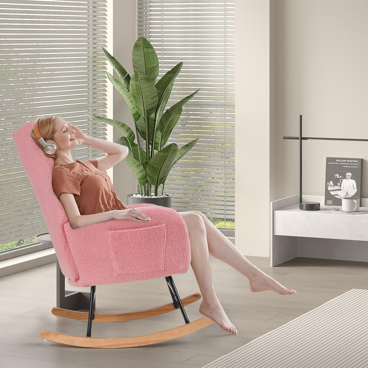 VECELO Rocking Chair Nursery with Thick Headrest, Modern Teddy Upholstered Reading Glider Rocker Accent Armchair with High Backrest, Padded Seat, Side Pocket, for LivingRoom, Baby Room, Soft Pink VECELO