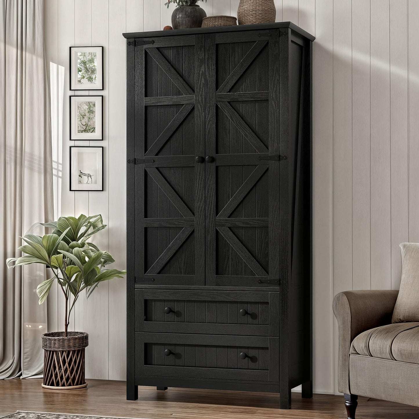 DWVO Farmhouse Kitchen Pantry Cabinet, 64.5" Tall Storage Cabinet with 2 Drawers and Adjustable Shelves, Versatile Storage for Living Room, Dining Room or Hallway, Oak Black - WoodArtSupply