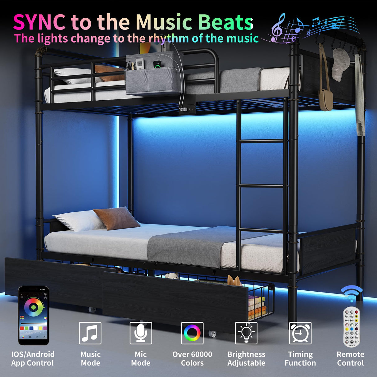 Jocoevol Metal LED Bunk Bed Twin Over Twin with 2 Storage Drawers, USB Charging Station, Industrial Bunkbeds Heavy Duty Bed with Safety Guardrail and Ladder, No Box Spring Needed, Black Jocoevol