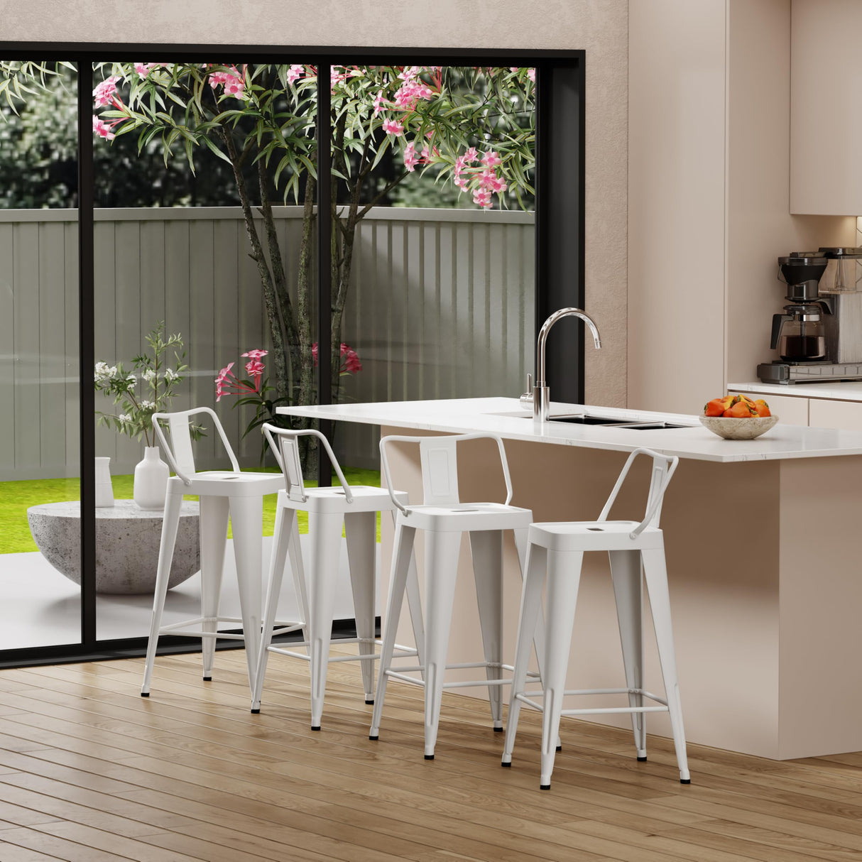 Arlunar home Metal Bar Stools Set of 4 Barstools Indoor/Outdoor Counter Height Bar Stools Bar Chairs with Back 24" Counter Height for Kitchen Island Dining Room (White, 24inch) Arlunar home