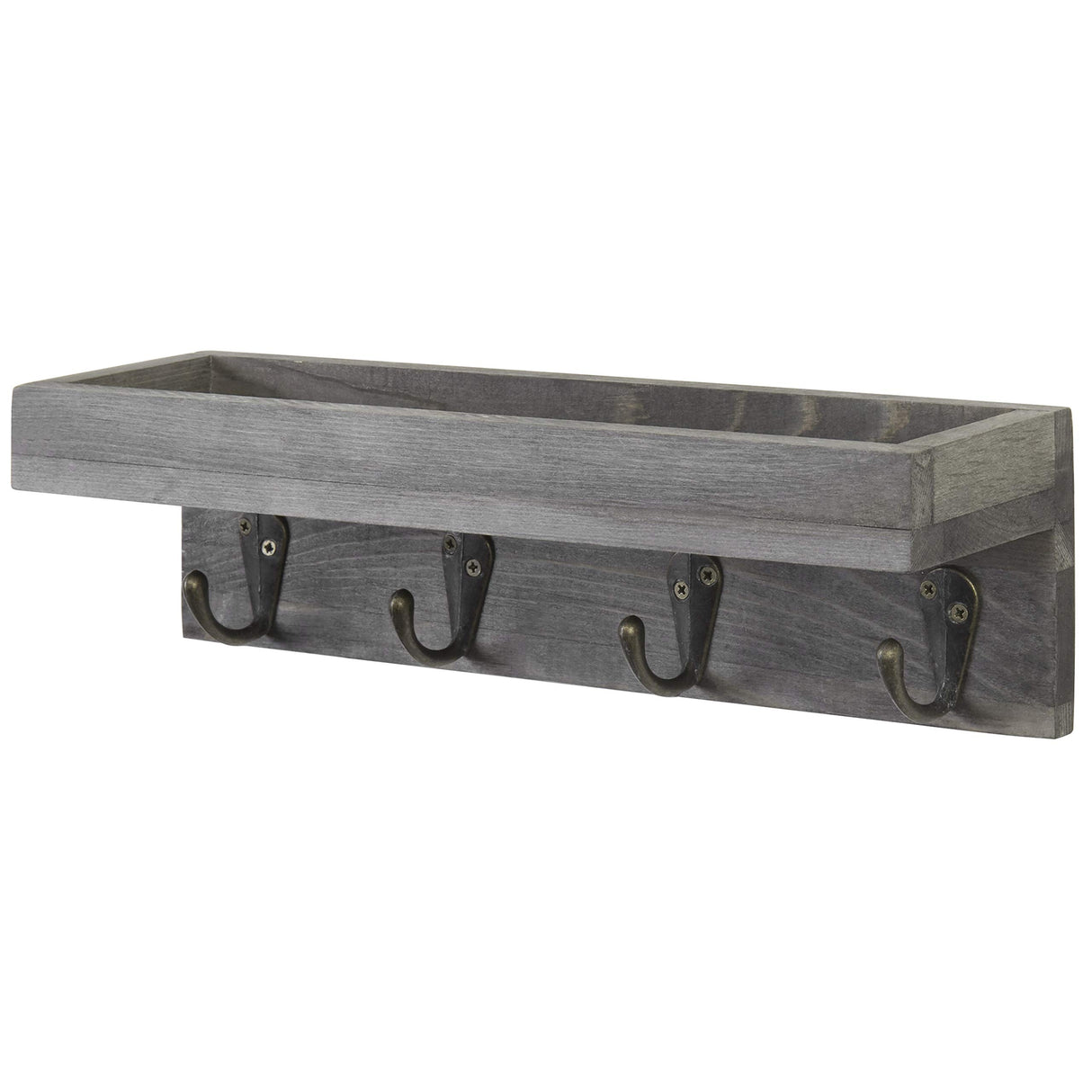 MyGift 10 Inch Floating Wall Shelf with Hooks, Vintage Grey Wood Entryway Storage Shelf with 4 Metal Key Hooks MyGift