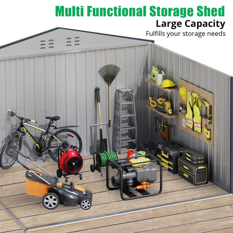Acekool 10x12 FT Outdoor Metal Storage Shed, Large Garden Tool Shed with Lockable Door and Vents, Waterproof Galvanized Metal Sheds for Tools & Equipment, Garbage Can, Bike, Mower, Gray Acekool