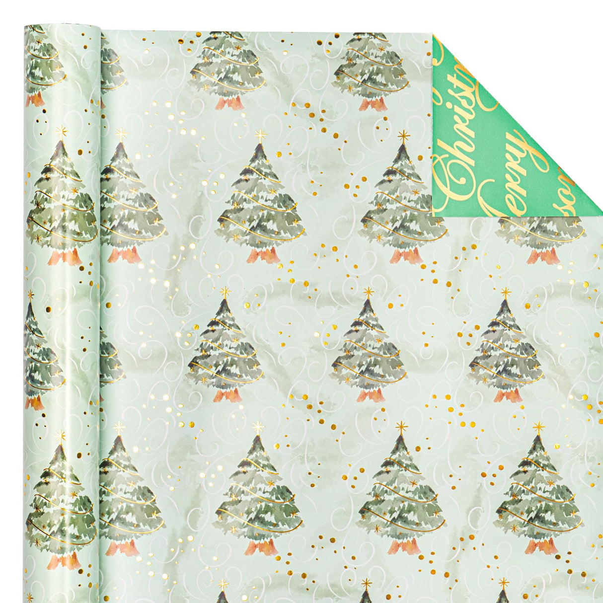 WRAPAHOLIC Reversible Green Christmas Wrapping Paper - Mini Roll - 17 Inch x 33 Feet - Watercolor Green Christmas Tree Wrapping Paper with Metallic Foil Shine for Holiday, Party, Celebration WRAPAHOLIC