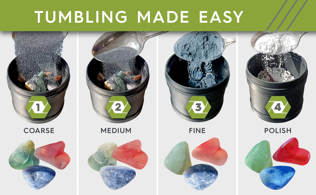 Polly Plastics Rock Tumbler Grit and Polish Refill Media Kit | 4-Steps Supplies for Tumbling and Polishing Stones | Professionals Adults and Kids | Polish 20lbs of Rocks (Bulk Stage 1 Refill) Polly Plastics