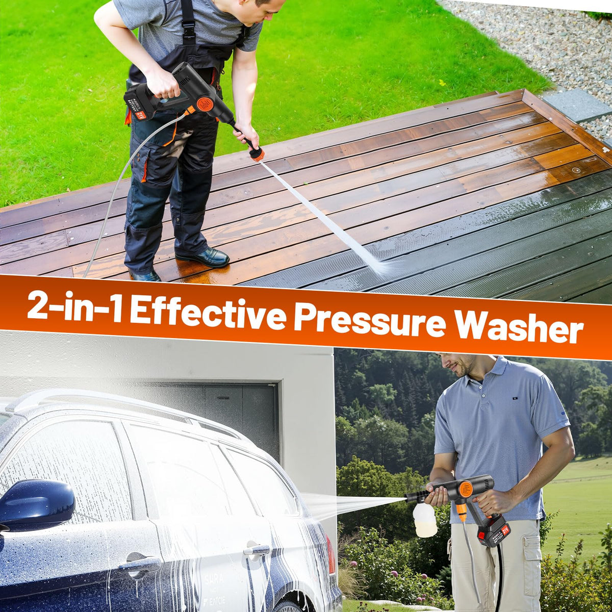 Lemolify 6000mAh Battery Pressure Washer, Electric Power Washer Cordless, Portable Car Pressure Washer Handheld with 6-in-1 Nozzle,17FT Drain Hose, Power Cleaner for Patio Floor Fence Deck,2 Battery Lemolifys