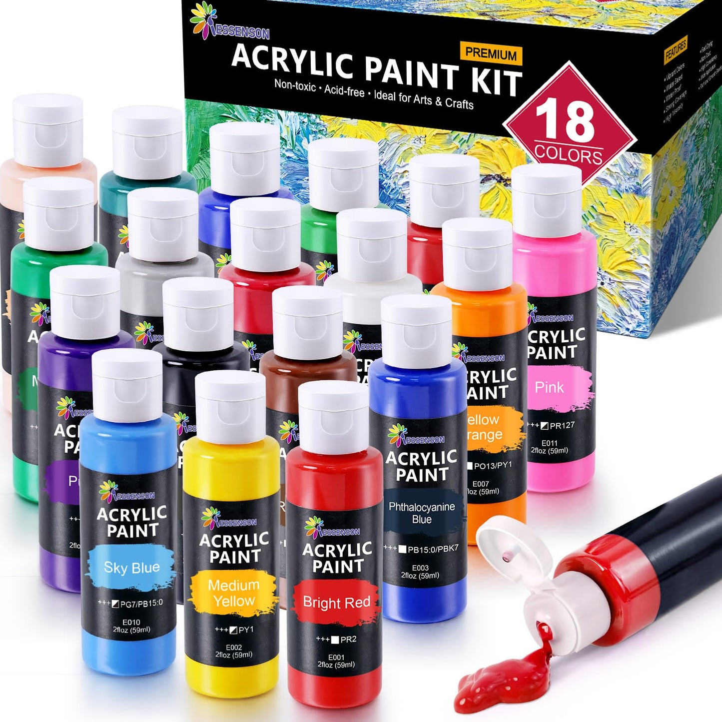 ESSENSON Acrylic Paint, 18 Colors Acrylic Paint Set, 2oz/59ml Bottles, Premium Acrylic Paints for Artists, Beginners and Adults on Canvas Rocks Wood Ceramic Fabric - WoodArtSupply