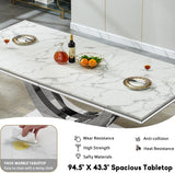 KUVADAZ 94" Modern White Silver Faux Marble Dining Room Table Set for 10, 11-Piece Rectangle Kitchen Dining Room Table Set with Dual U-Shaped Stainless Steel Legs and 10 Beige Velvet Dining Chairs KUVADAZ