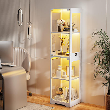BROTTAR Glass Display Cabinet, 4-Tier Curio Cabinets with 3 Color Lights for Collectibles, Storage Cabinet with Door, Glass Display Case & Bookcase with Human Body Sensor, White BROTTAR
