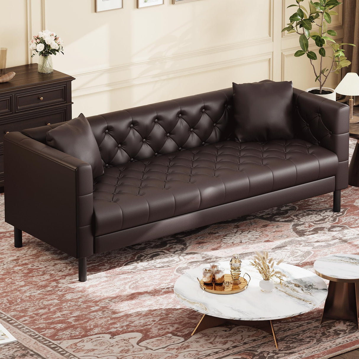 81" Mid-Century Modern Leather Sofa for Living Room, Chesterfield Sofa with Deep Seats and 2 Pillows, 3 Seater Couch with Button Tufted, Leather Couch for Apartment, Office, Dark Brown IDEALHOUSE
