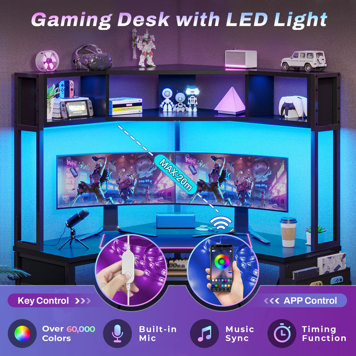 SEDETA Corner Desk, Small Computer Desk with Hutch & LED Lights, Triangle Corner Computer Desk with Keyboard Tray, Storage Bag, and Headphone Hook for Small Space, Small Office Desk, Black SEDETA