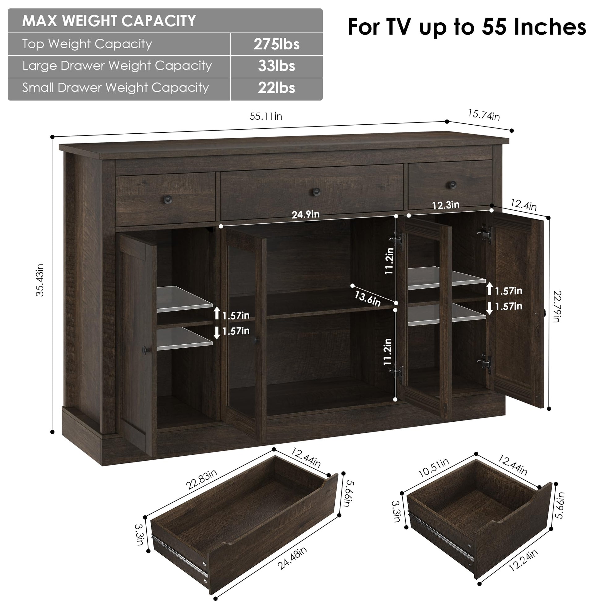 HOSTACK Sideboard Buffet Cabinet with Storage, 55" Large Kitchen Storage Cabinet with Drawers | Glass Doors, Modern Farmhouse Coffee Bar Cabinet, Wood Buffet Table Dining Room Cabinet, Dark B - WoodArtSupply