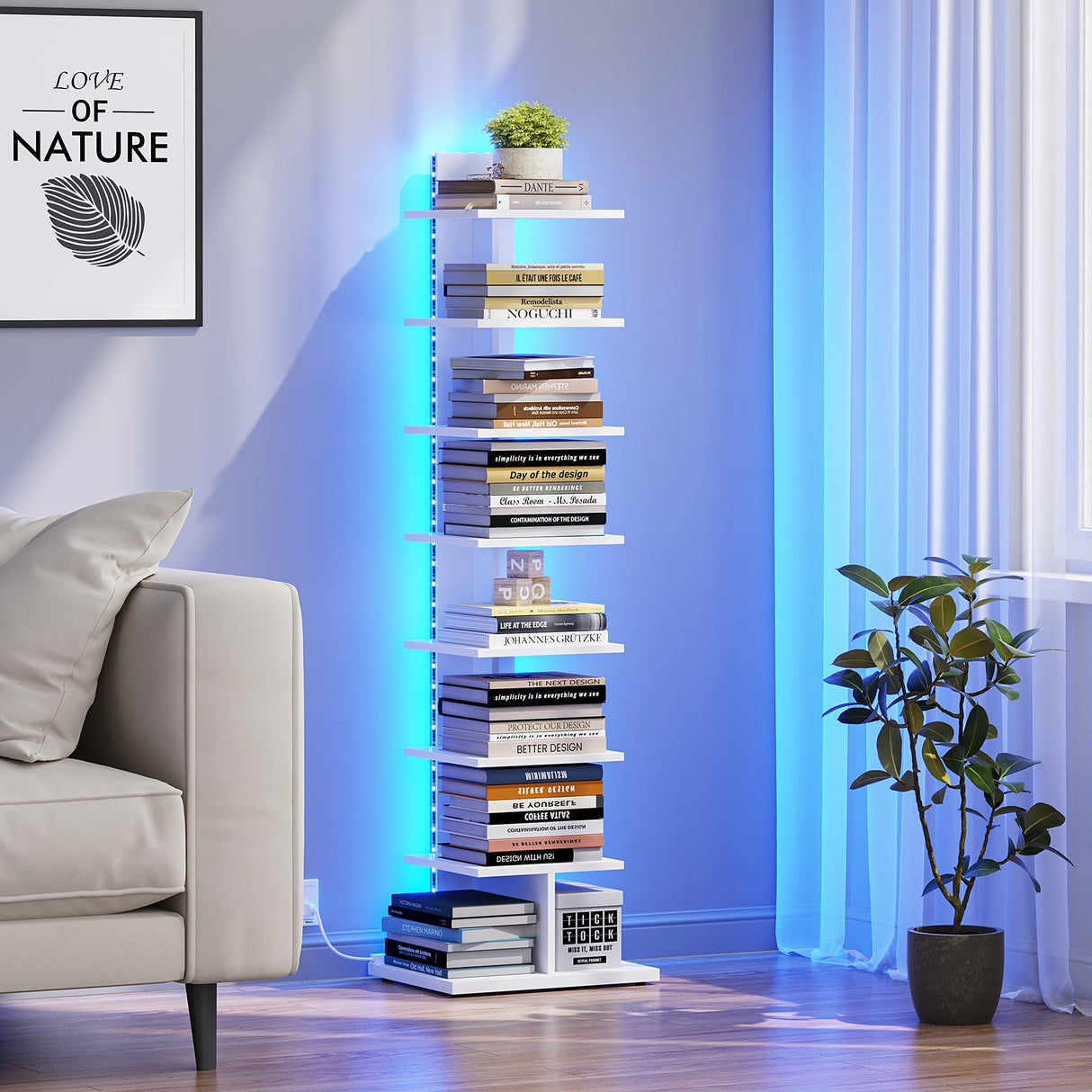 TUTOTAK Narrow Bookshelf, 8-Tier Bookcase with LED Lights, Spine Book Shelf for Small Space, Corner Standing Shelf for Living Room, Office, Study, Entryway, White BS06BW008L TUTOTAK