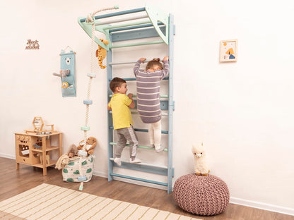 Woodandhearts Swedish Ladder Wall Kids, Swedish Ladder Gym, Indoor Monkey Bars with Climbing Rope with Wooden Spheres in Turquoise and Mint Color