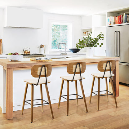 Mid-Century Modern Wood Bar Stools Set of 3 with Rattan Back and PU Leather Seat - 26" Cream White Counter Height Chairs