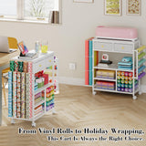 Large Craft Wrapping Paper Organizers Cart, Rolling DIY Storage for Birthday & Holiday with 2 Fabric Drawers, Lockable Wheels Cart for Vinyl Roll, Paints, Craft Supplies, Multi-Tier Craft Tape Holder Lyuwanxian