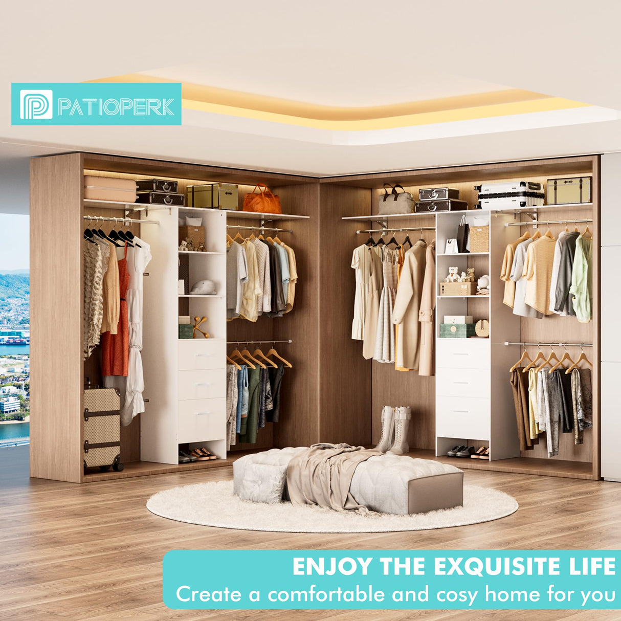 PatioPerk Closet System with Drawers, 8FT Walk in Closets Organizer with 3 Shelving Towers, 96" Wooden Storage Systems with Hanging Pods, Built-in Garment Rack for Bedroom PatioPerk