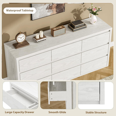 IDEALHOUSE Rustic Farmhouse 9 Dresser for Bedroom,Wooden Drawer Dresser,Handle-Free Storage Cabinet with Drawers for Bedroom, Living Room & Hallway, with Anti-Tip Safety,White IDEALHOUSE