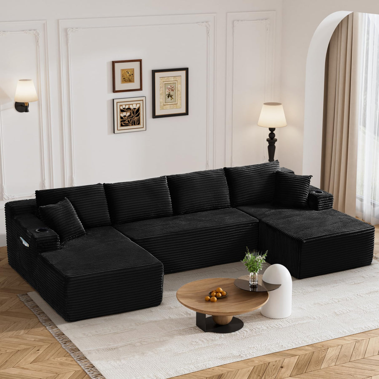133" Oversized Cloud Boneless Sofa Couch with Chaise, Modern Corduroy U Shaped Modular Sectional Sofa with Deep Seat, Comfy Couch with Cupholders and Storage, No Assembly Required-Black VYNELITO