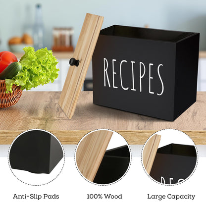 Wooden Recipe Box, Recipes Cards Holder For Counter, Decorative Recipe Card Box Organizer With 6x4 Cards And Dividers, Rustic Wood, Farmhouse Kitchen Decor, Bridal Shower Gifts (black) - WoodArtSupply