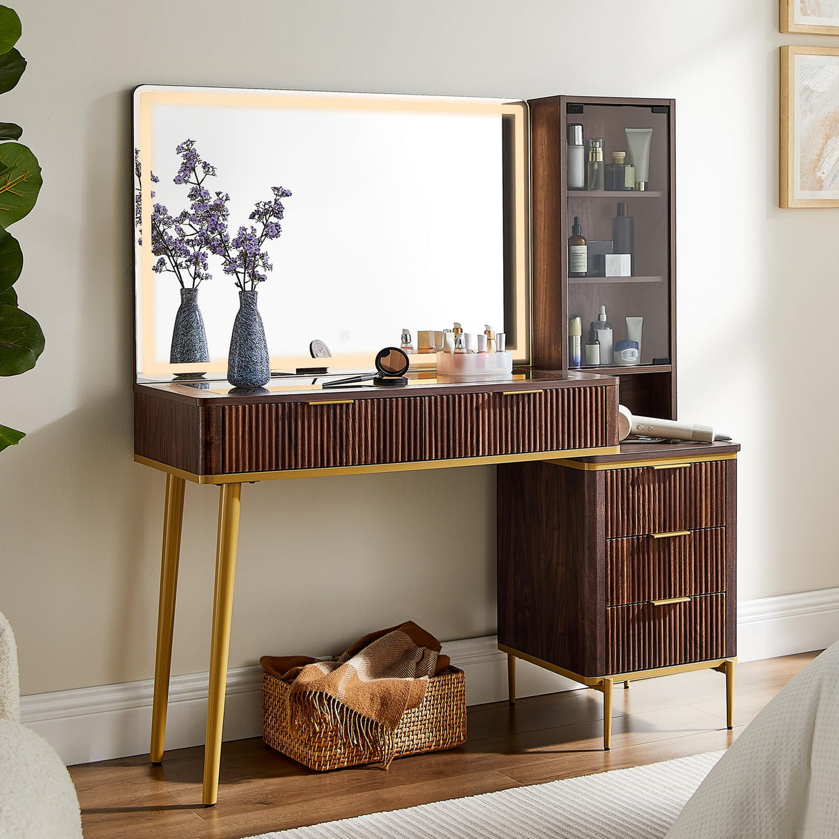 T4TREAM Fluted Makeup Vanity Desk with 36" HD Lighted Mirror, 48" Big Modern Vanity Desk with Mirror and Lights, Dressing Table with 5 Drawers & Shelves, Glass Top for Bedroom (Dark Walnut) T4TREAM